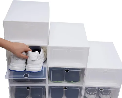 Vista 10 de Cajas organizadoras de almacenamiento de zapatos de plástico, paquete de 20 cajas apilables para zapatos, almacenamiento de zapatos plegable