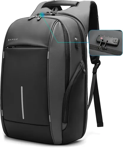 Vista 8 de Mochila de viaje BANGE, mochila antirrobo para laptop, compatible con portátiles de 15.6 pulgadas, Negro, Mediana, Computadora portátil