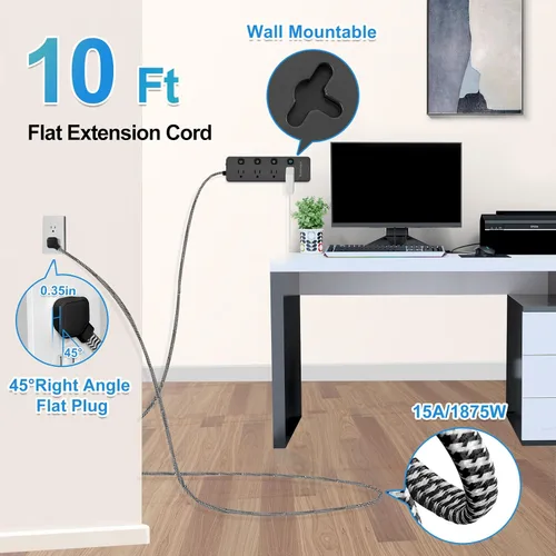 Vista 3 de Regleta de protección contra sobretensiones de 10 pies - 8 tomas de CA ampliamente espaciadas, 4 puertos USB (2 USB C), cable de extensión