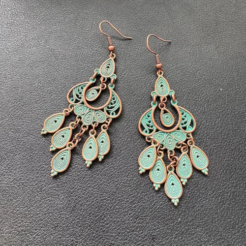 Vista 7 de Pendientes colgantes únicos de estilo bohemio vintage con diseño de lágrima de bronce para mujer