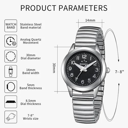 Vista 2 de BOSHIYA Reloj con banda elástica para mujer Easy Reader de 1.181 in analógico de cuarzo con correa elástica de acero inoxidable, impermeable, reloj
