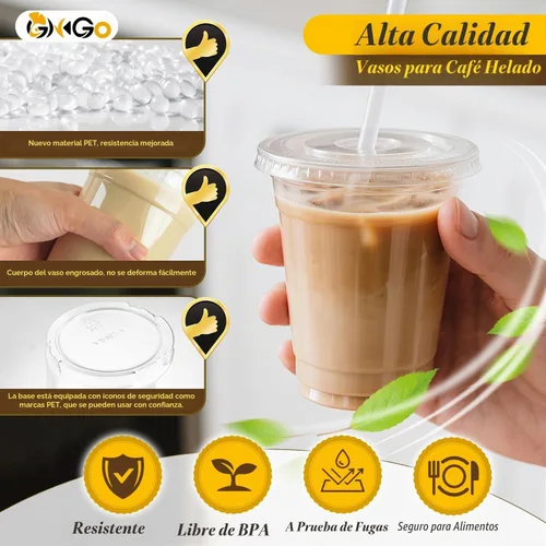 Vista 4 de Ginkgo Paquete de 100 tazas de plástico de 12 onzas con tapas y popotes, tazas de café desechables transparentes para llevar, tazas de café helado