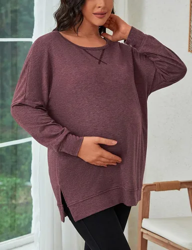 Vista 2 de Bhome Camisa de maternidad de manga larga con cuello redondo y abertura lateral para mujer, casual
