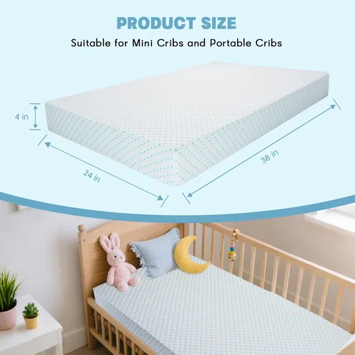 Vista 9 de Colchón mini para cuna, 38 x 24 x 4 pulgadas, colchón portátil de espuma viscoelástica de doble cara, suave y transpirable, para cunas mini