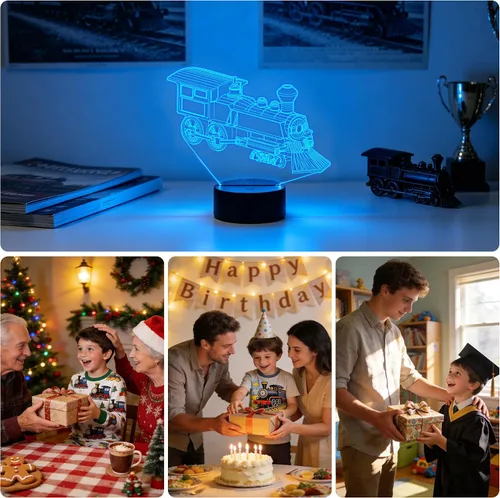 Vista 6 de FULLOSUN - Luz nocturna de tren, lámpara de ilusión 3D para niños, 16 colores que cambian con función de atenuación y control remoto, regalos