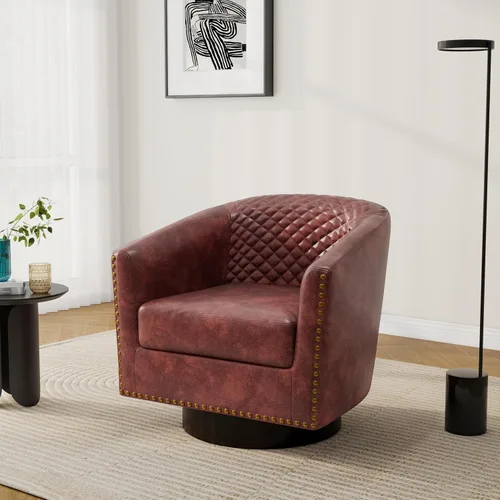 Vista 19 de Pia Ricco Silla de Acento Tipo Barril de Cuero Sintético, Silla de Club Moderna con Brazos, Cómoda Silla Individual Tapizada con Patas de Madera