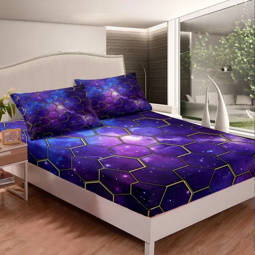 Vista 2 de Manfei Juego de sábanas bajeras de panal de galaxia, tamaño individual, 2 piezas, estampado geométrico hexagonal, funda de cama de cielo estrellado