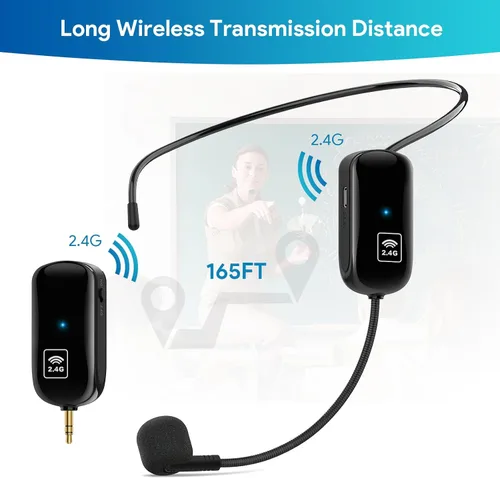 Vista 5 de 1Mii Auriculares de micrófono inalámbrico, micrófono de auriculares inalámbricos 2.4G y micrófono de mano 2 en 1, rango de 165 pies, enchufe de 1/8