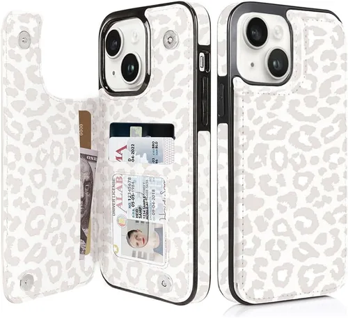 Vista 34 de uCOLOR - Funda tipo cartera para iPhone 15 con tarjetero y diseño de lunares con leche de almendra Bloqueo RFID de piel sintética para mujeres