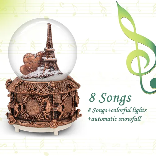Vista 5 de Globo musical de nieve de París con luces LED que cambian de color, globo de nieve de la torre Eiffel con base Merry-go-Round de 3.937 in, colección