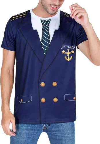 Vista 3 de Funny World Disfraz de capitán para hombre, camiseta de manga corta, diseño de yate