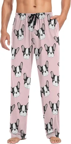 Vista 4 de Pantalones de pijama de Bulldog francés para hombre, pantalones de descanso ligeros para hombre, pantalones de pijama con bolsillos con cordón