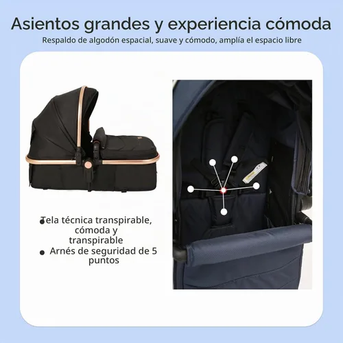 Vista 4 de Trenana Cochecito infantil 2 en 1, cochecito de bebé horizontal, cochecito de cuna reversible, respaldo y toldo ajustable, cochecito plegable