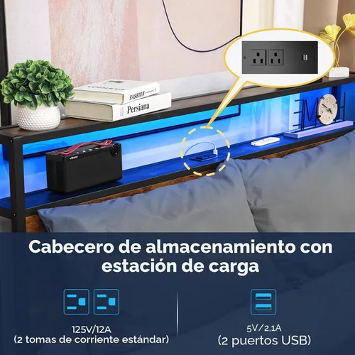 Vista 3 de BedsPick Marco de cama tamaño completo con cabecero de almacenamiento de 2 niveles, marco de cama de plataforma de metal resistente con estación