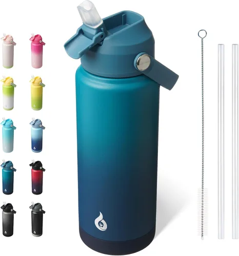 Vista 44 de BJPKPK - Botella de agua aislada con tapa de popote, 532 ml Botellas termo con boquilla suave, asa flexible y base antideslizante, libre de BPA, a