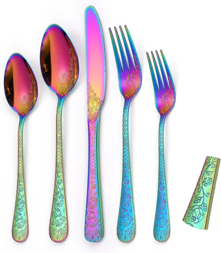 Vista 15 de Juego de Cubiertos Florales Negros para 6 Vajilla de Acero Inoxidable 30 Piezas Cubiertos Únicos Utensilios para Comer Vajilla Elegante Tenedor