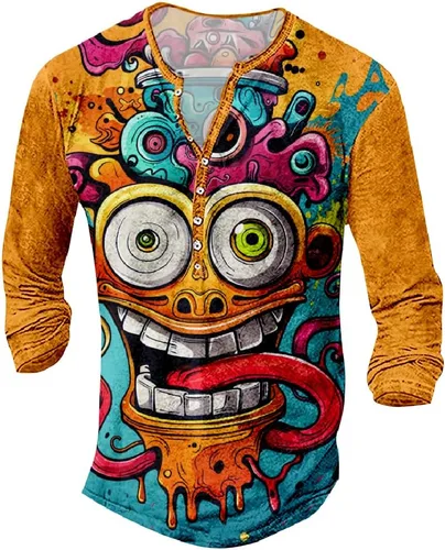 Vista 18 de MARSVOVO Camisetas Henley para hombre, camisetas gráficas artísticas, cuello en V, sin cuello, manga larga, casual, ajustadas, camisas