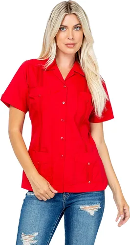 Vista 4 de Women's Traditional Guayabera Shirt Cotton Blend 4 Pocket Design Short Sleeve