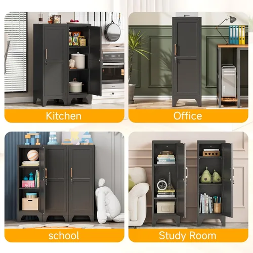 Vista 7 de Armario de metal negro de 46 pulgadas de alto con 1 puerta con cerradura y 2 estantes ajustables para empleados, armario de almacenamiento pequeño