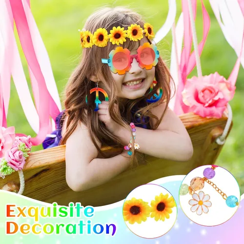 Vista 4 de Tondiamo 5 Pcs Kids Hippie Costume Accessories 60s 70s Toddler Girl Outfit Boho Peace Sign Daisy Flower for Halloween Cosplay