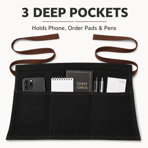 Vista 8 de Toyvian Durable Denim Waist Apron with 3 Pockets Unisex, Short Half Server Apron for Waiter Waitress, Bar, Cafe & Kitchen