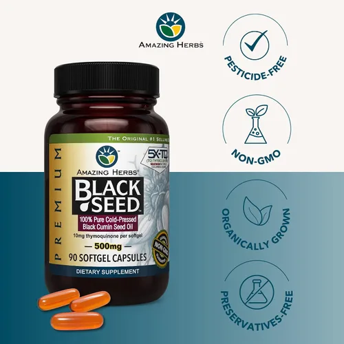 Vista 3 de Amazing Herbs Aceite de semilla negra prensado en frío 500mg - 90 cápsulas blandas2