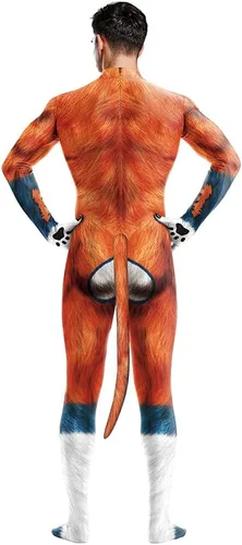 Vista 112 de Disfraz de animal para hombre con estampado de cola grande, overol peludo de elastano para cosplay, fiesta de Halloween