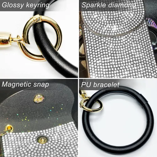Vista 5 de Pulsera de pulsera, llavero, bolsillo para tarjetas de crédito, monedero, cristal brillante para mujer, llavero con borla, llavero, llavero, 7.5*10cm