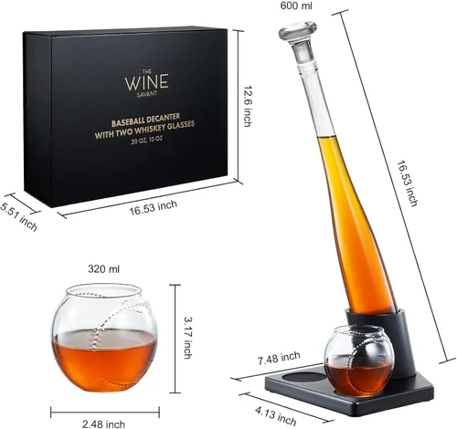 Vista 9 de Regalos de béisbol para hombres, juegos de decantador de whisky para hombres, juego de decantador de bate de béisbol de 20 onzas con 2 vasos, regalo