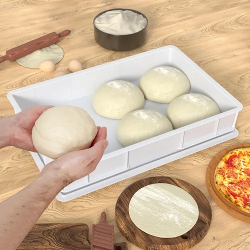 Vista 4 de Paquete de 4 bandejas de plástico a prueba de masa con tapa, contenedor apilable para masa de pizza, color blanco