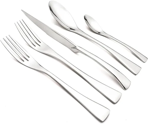 Vista 9 de Juego de cubiertos de acero inoxidable 304 de 20 piezas con cuchara de cuchillo para carne, color negro espejo, servicio para 4