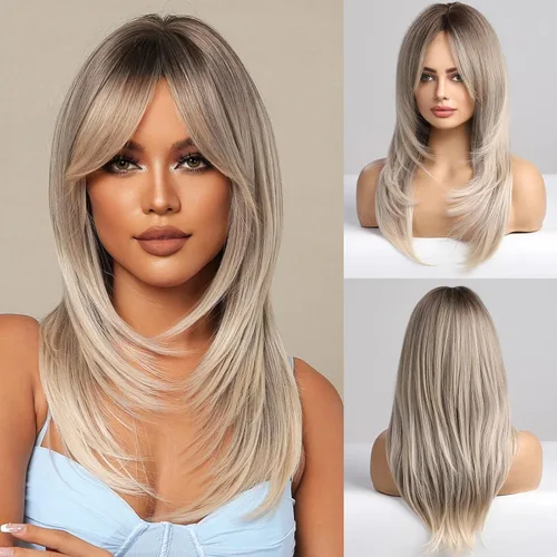 Vista 19 de HAIRCUBE Pelucas Auburn para Mujeres, Pelucas Largas en Capas Naranjas con Flequillo, Pelucas de Fibra Sintética Resistentes al Calor