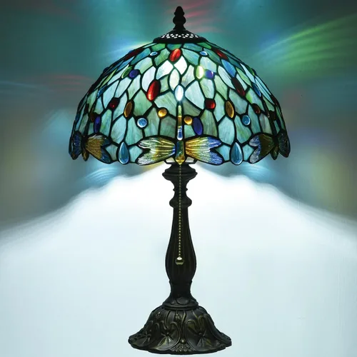 Vista 14 de Tiffany Style Stained Glass Table Lamp, Floral Pattern Desk Light with Antique Bronze Resin Base, Red Roses Decorative Lighting for Bedroom, Living