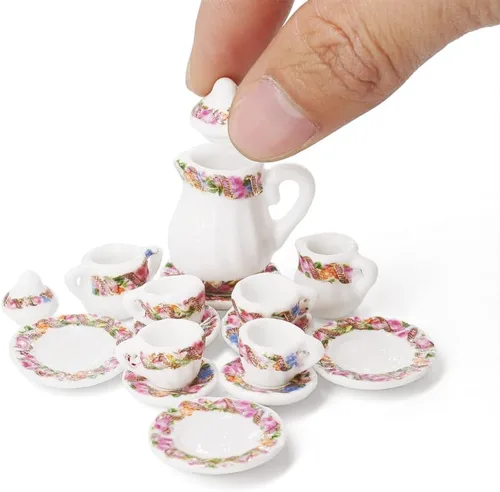 Vista 21 de Odoria 1:12 Miniatura 15pcs porcelana azul Chintz taza de té Set (azul)