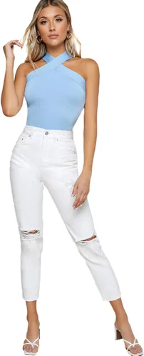 Vista 5 de Floerns - Blusa sin mangas con cuello halter cruzado, de un solo color, para mujer, Azul Pastel, M