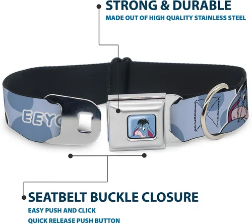 Vista 4 de Disney - Collar para mascotas, collar de perro, hebilla de cinturón de seguridad, Winnie The Pooh Eeyore Text and Expression Close Up Dot Blues, 9.5
