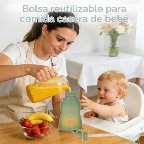 Vista 5 de Eascrozn - Paquete de 4 bolsas de silicona reutilizables para alimentos para bebés con pajitas, sin BPA