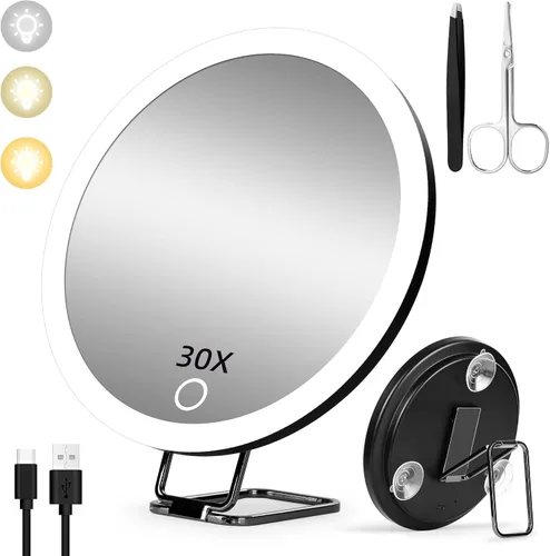 Vista 10 de Espejo de aumento recargable de 6 pulgadas iluminado 10x con ventosas y soporte de mesa 10x - negro