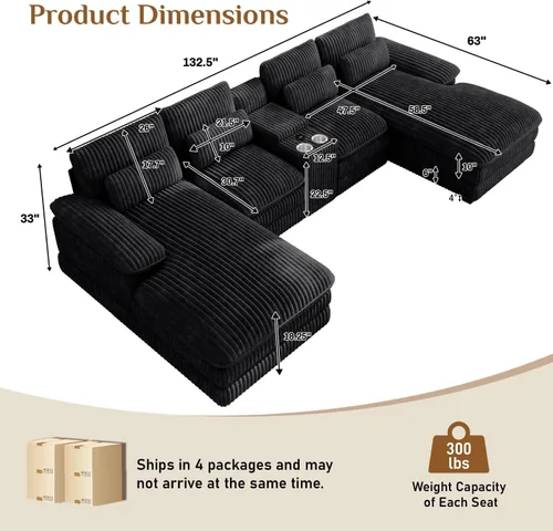 Vista 2 de Sofá seccional en forma de U de 132 pulgadas, mullido y afelpado de pana de 4 asientos, sofás seccionales color negro para sala de estar, cómodo