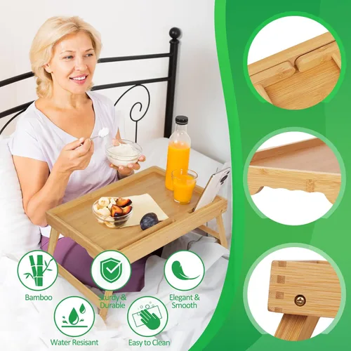 Vista 4 de Artmeer Bandeja de cama con patas plegables, bandeja de bambú para desayuno con ranura multimedia, uso como plato, escritorio para laptop