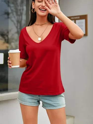 Vista 6 de Camisetas de manga corta con cuello en V profundo para mujer, ajuste holgado, básica, a la moda