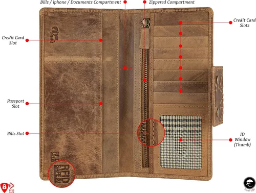Vista 3 de Mou Meraki Cartera larga con bloqueo RFID de cuero genuino - Vintage Bifold para hombres (COGNAC antiguo)