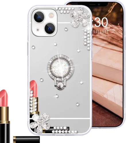 Vista 9 de Compatible con iPhone 13 - Funda con espejo de maquillaje para mujeres y niñas, funda de lujo con diamantes de imitación brillantes con anillo