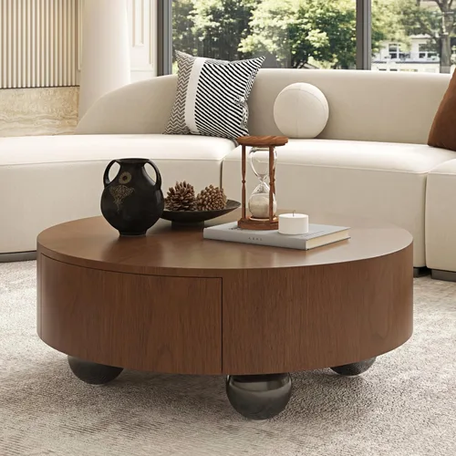 Vista 44 de Mesa de centro redonda de madera de 31.49 pulgadas con almacenamiento, mesa de centro circular acanalada de 2 niveles con tapa y estante para sala