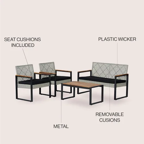 Vista 3 de JONATHAN Y Wilder - Juego de patio al aire libre de 4 piezas, color blanco lavado PE Rattan Woven Conversation Seating, Acacia Wood Table, Black
