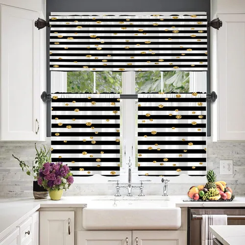 Vista 2 de Cenefas de cocina con rayas abstractas negras para ventanas, cenefas opacas con purpurina dorada de poliéster multicapa para cocina y dormitorio, 1