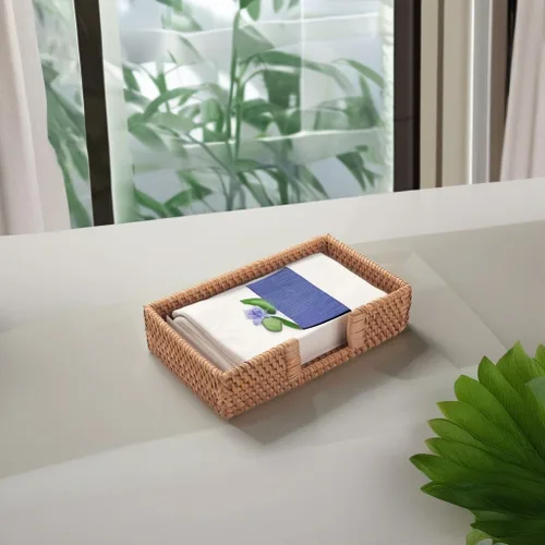 Vista 5 de Servilletero de ratán rectangular tejido plano servilleta bandeja para mesas 9.5" x 5.5" x 2" (rectángulo)