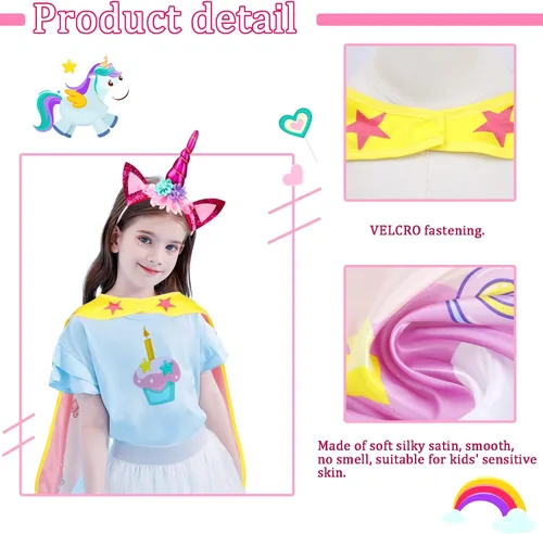 Vista 5 de iROLEWIN Capas y máscaras de unicornio arcoíris para niñas, disfraz de superhéroe de princesa, disfraz de princesa como regalos de fiesta
