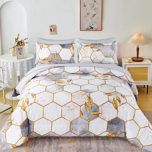 Vista 14 de ZRNBAST - Juego de edredón de nido de abeja negro de tamaño completo de 7 piezas, ropa de cama hexagonal suave y ligera, de mármol para todas