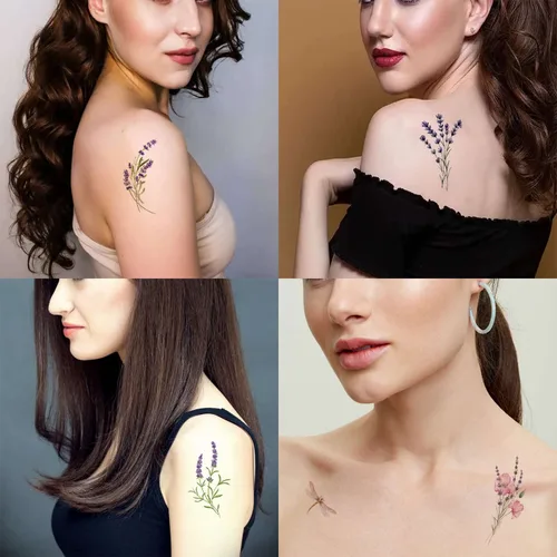 Vista 2 de Tattoonova - Flores de lavanda, 12 hojas de tatuajes temporales para adultos, hombres y mujeres, flores silvestres provenzales, acuarelas, púrpura